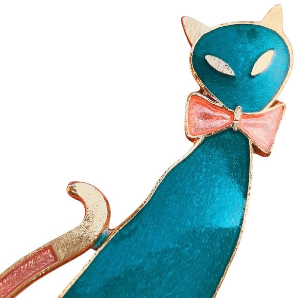 VTG 80s Cloisonné Brooch Teal Enamel Modernist Cat Gold Tone Figural Pin Quirky - Picture 1 of 11